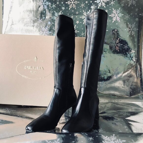 NEW Prada Women heeled leather Boots Black   Size 38.5 Made in Italy  New w Box - Picture 5 of 16
